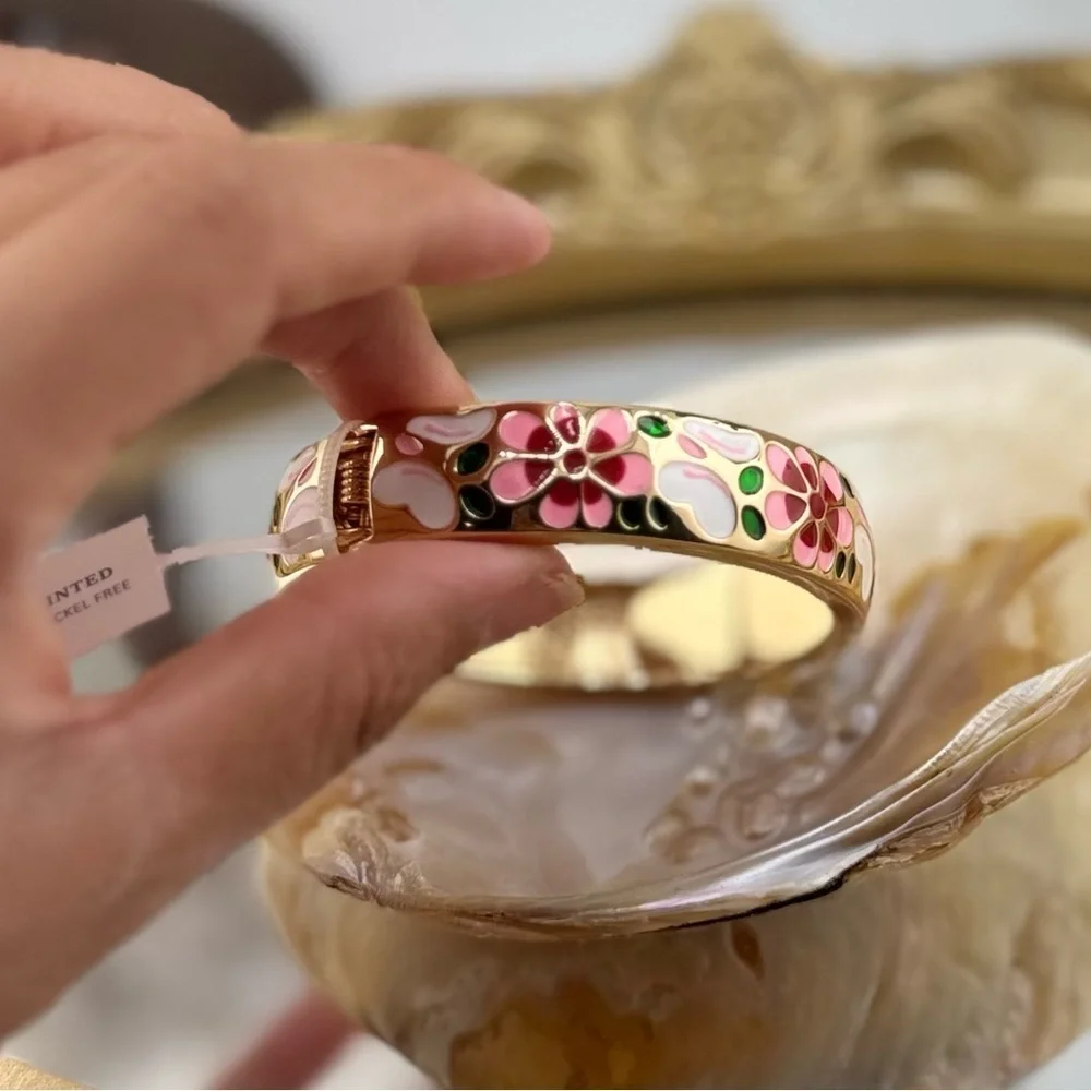 Hand Painted Floral Enamel Bangle with Gold Accents
